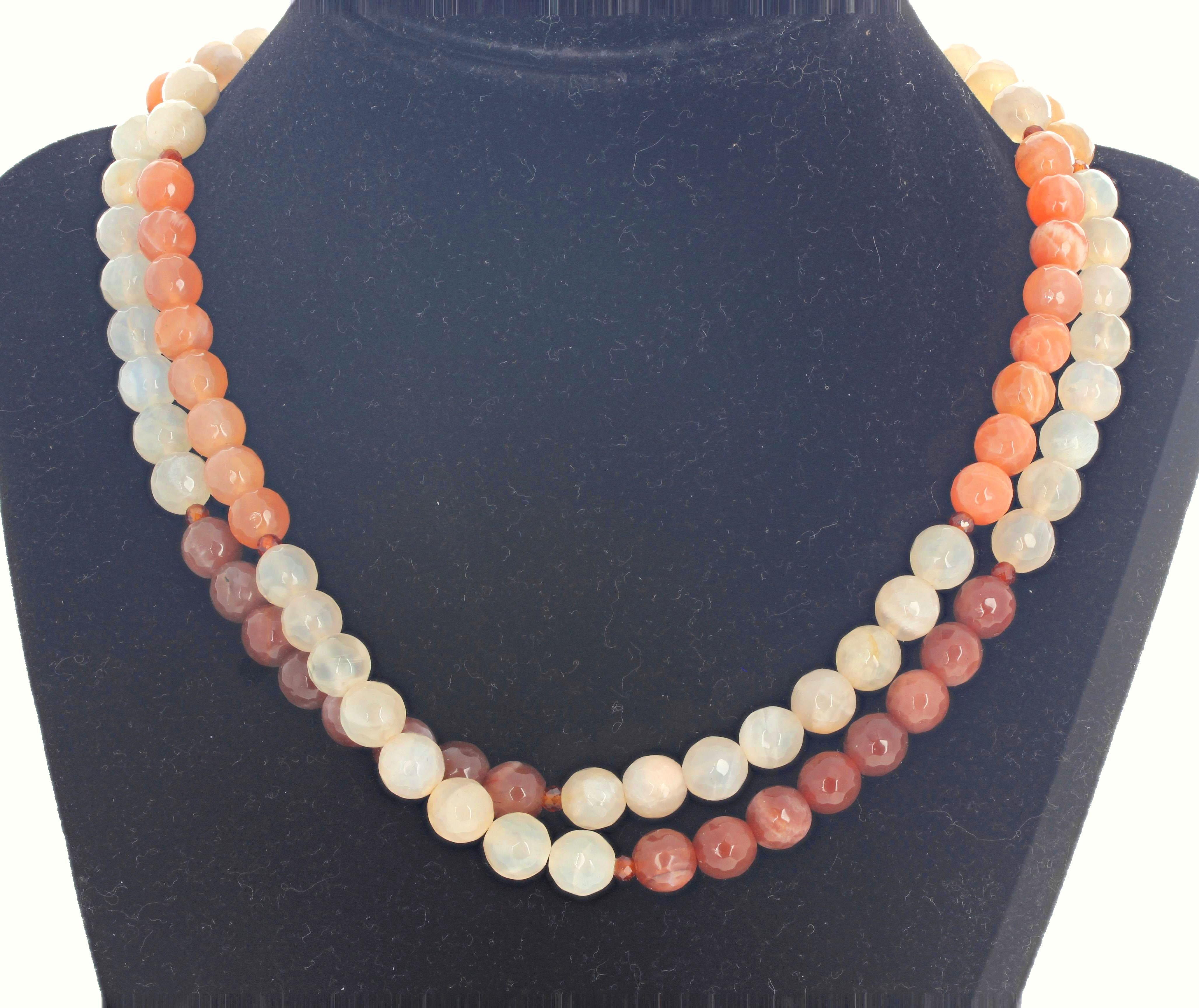 Double strand of natural checkerboard highly polished Moonstone - Creamy, pinky-orangy, and light chocolate brown - enhanced with sparkling little Hessonite garnets set in this double strand 17 inch necklace with gold plated (vermeil) easy to use