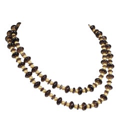 AJD Double Strand Necklace of Gold and Smoky Quartz Squares and Rondelles
