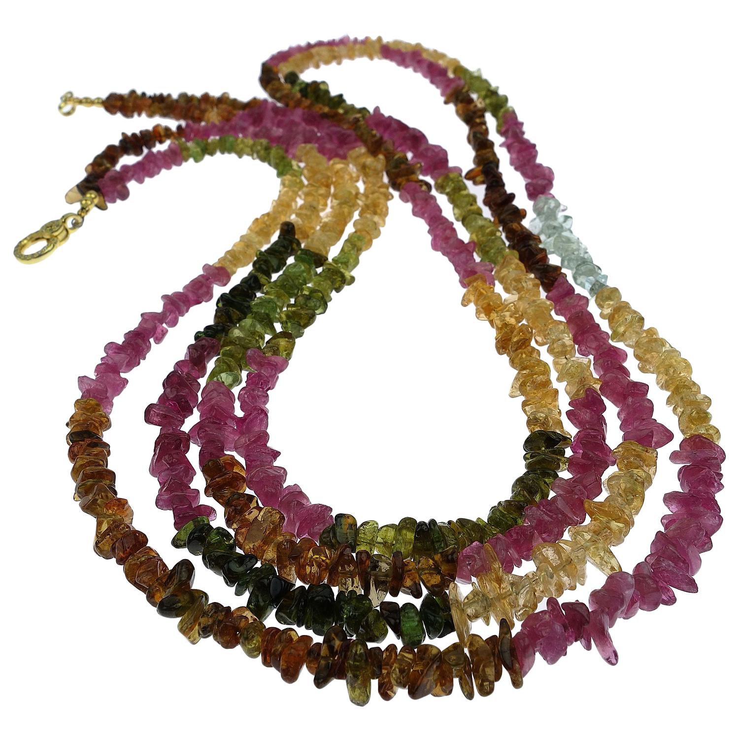 Custom made, long, 39 inch, double Strand necklace of highly polished translucent Multi Color Tourmaline chips secured with a diamond studded vermeil clasp.  This extraordinary necklace is so versatile, it can be worn as one long loop or doubled. It