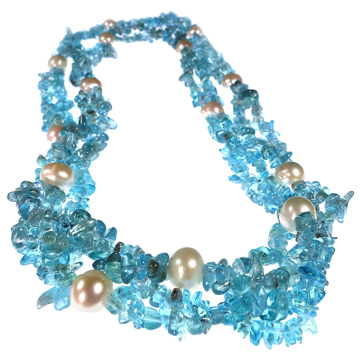 Double strand necklace of Neon Blue polished Apatite Chips and White Freshwater
