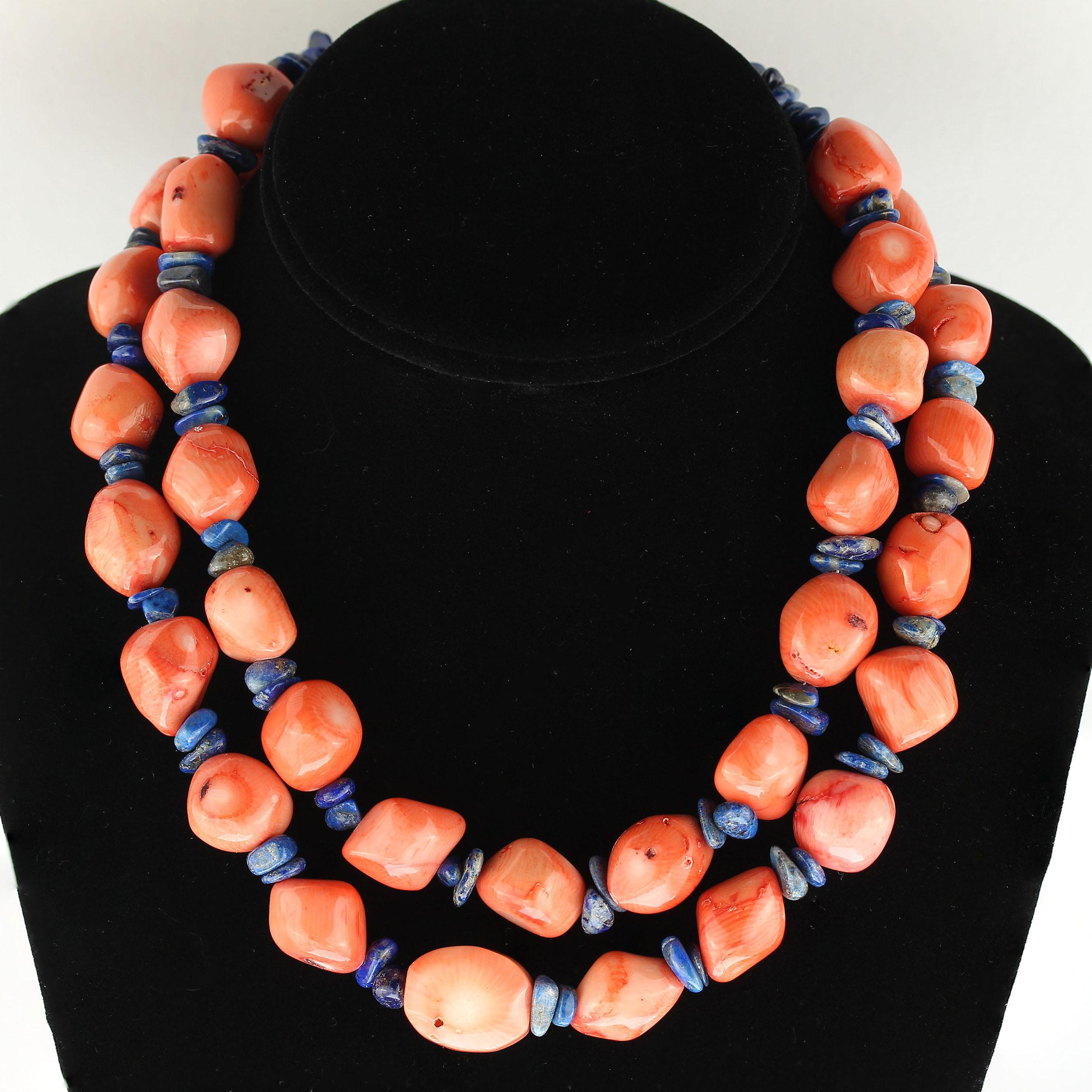 Bead AJD Double Strand Necklace of Peach Coral and Lapis Lazuli
