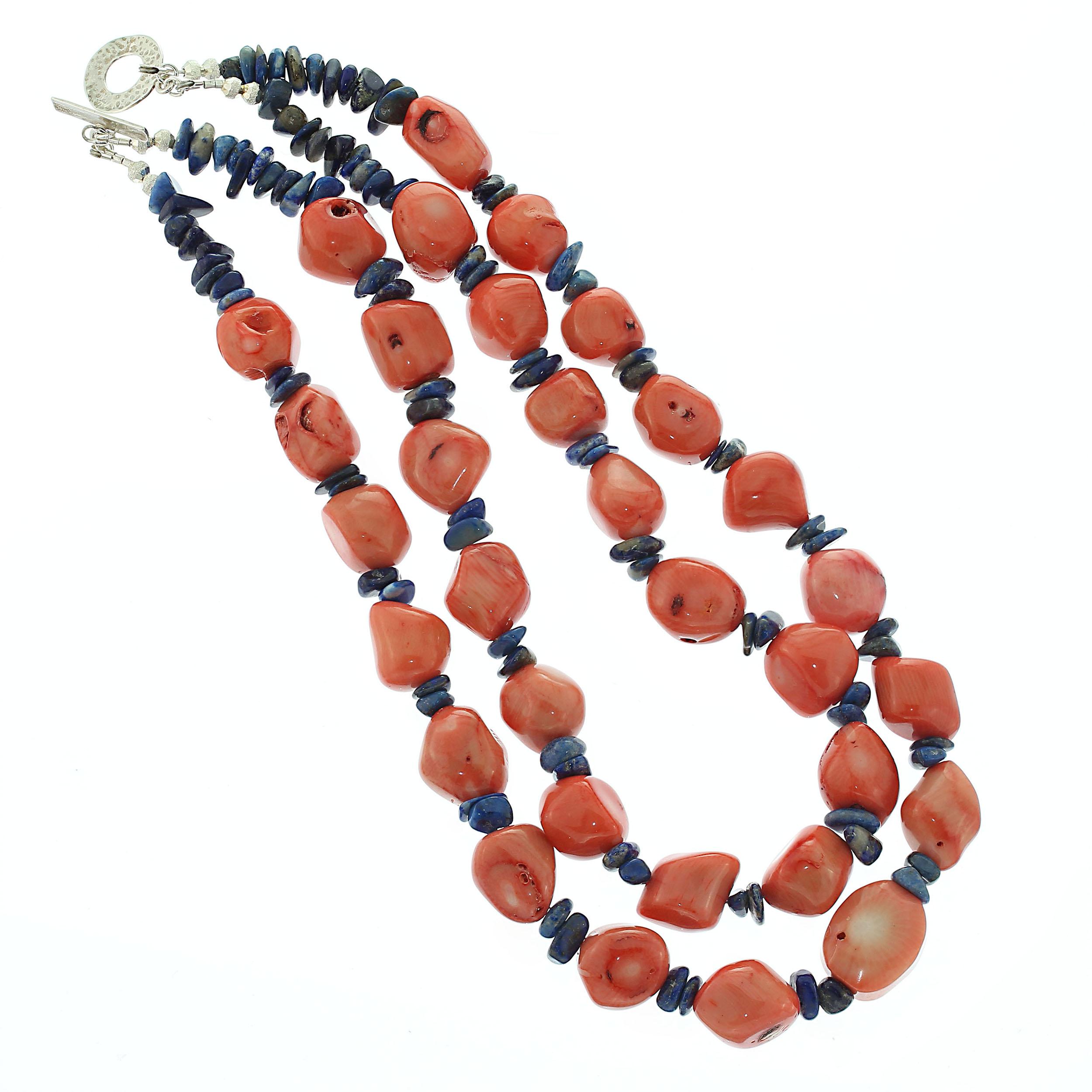 Women's or Men's AJD Double Strand Necklace of Peach Coral and Lapis Lazuli