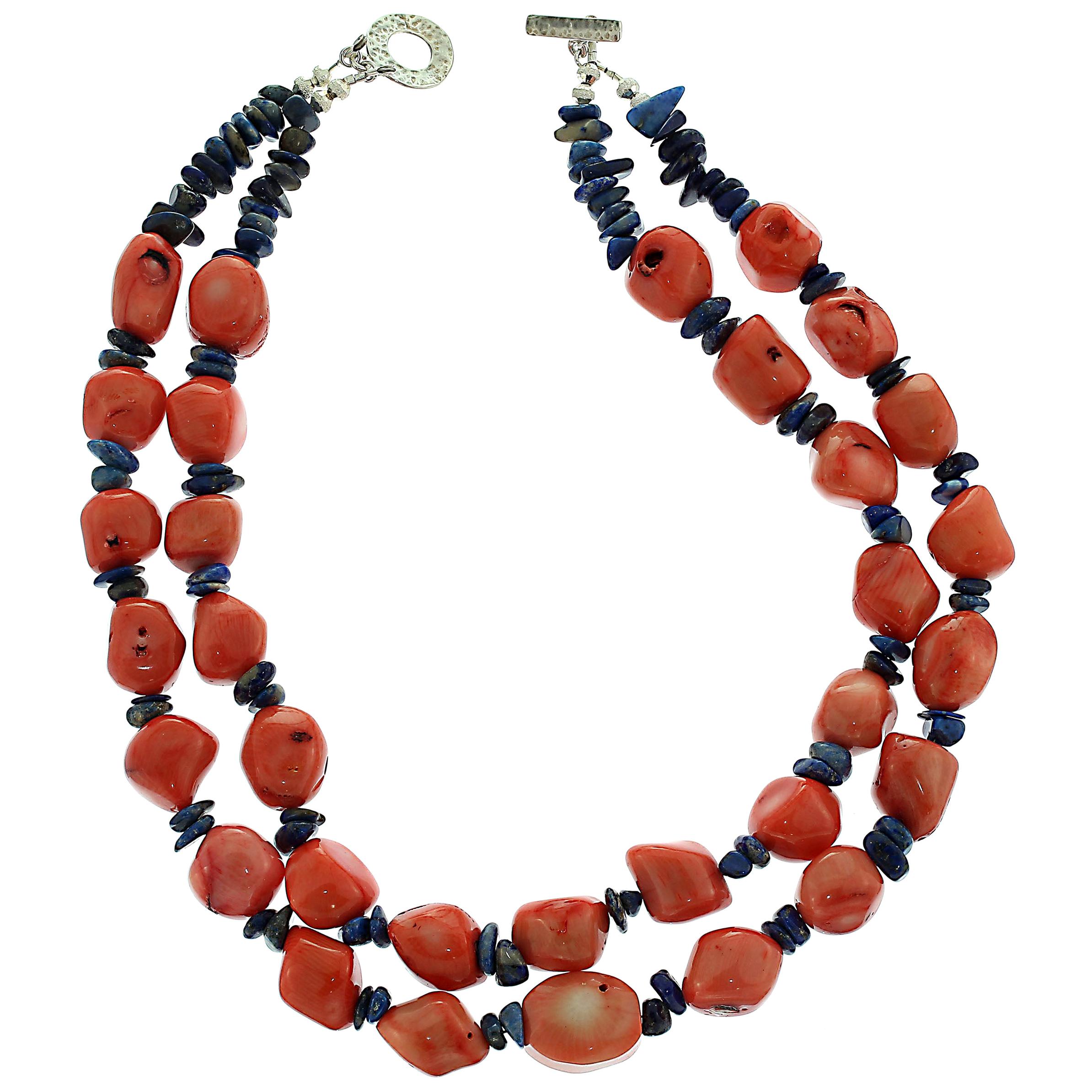 Artisan AJD Double Strand Necklace of Peach Coral and Lapis Lazuli