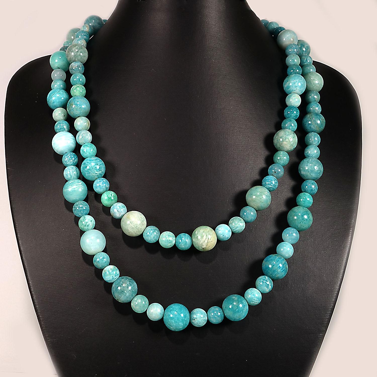 Women's or Men's Gemjunky Double Strand Necklace of Polished Opaque Amazonite