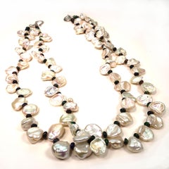 Double Strand Necklace of White Keshi Pearls and Black Opal