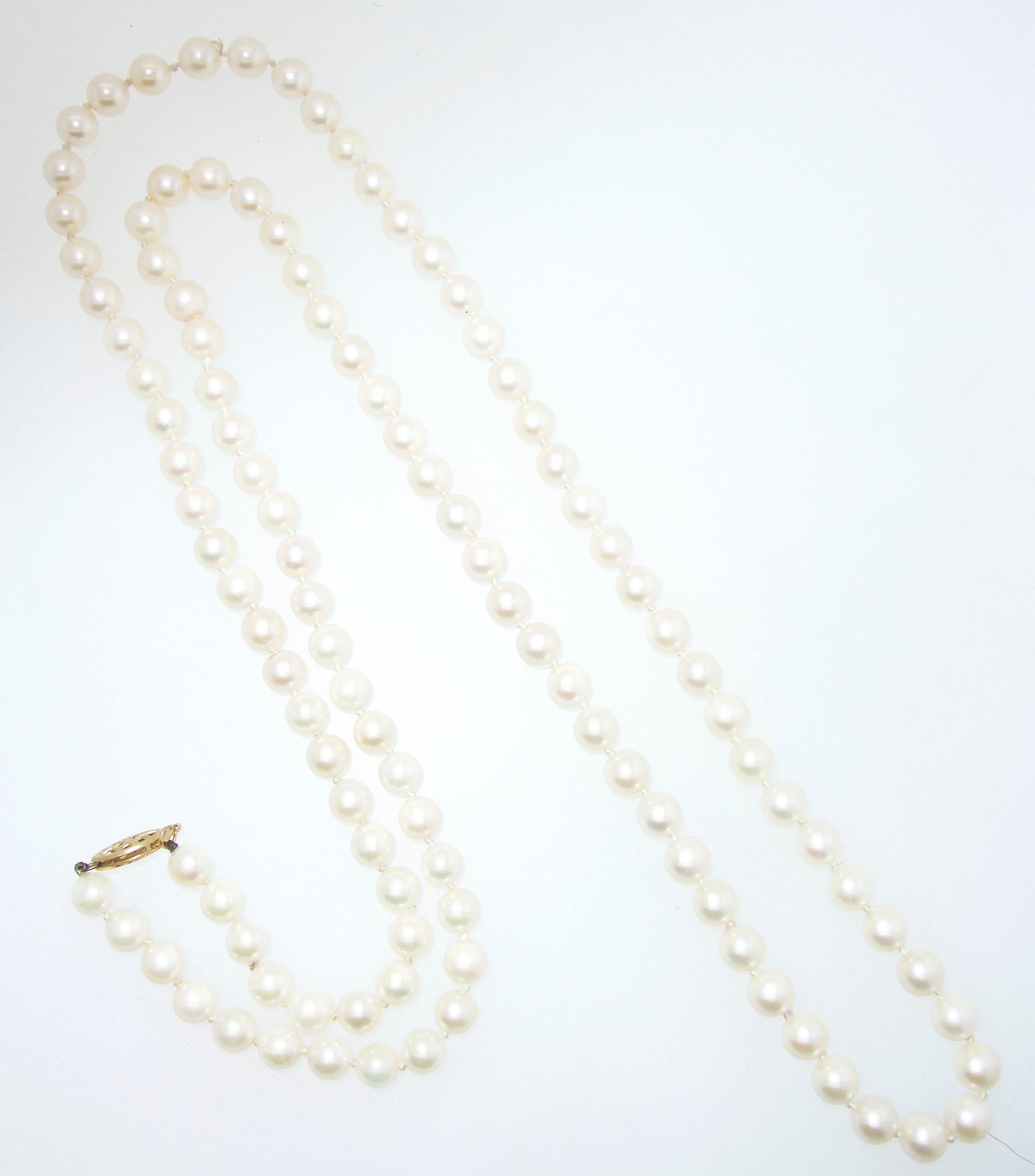 Long strand, 32 inches, of finely matched Akoya Japanese pearls with a gold clasp.  The pearls are 5.5 to 6.5 mm. they are white with fine luster and smooth skins.