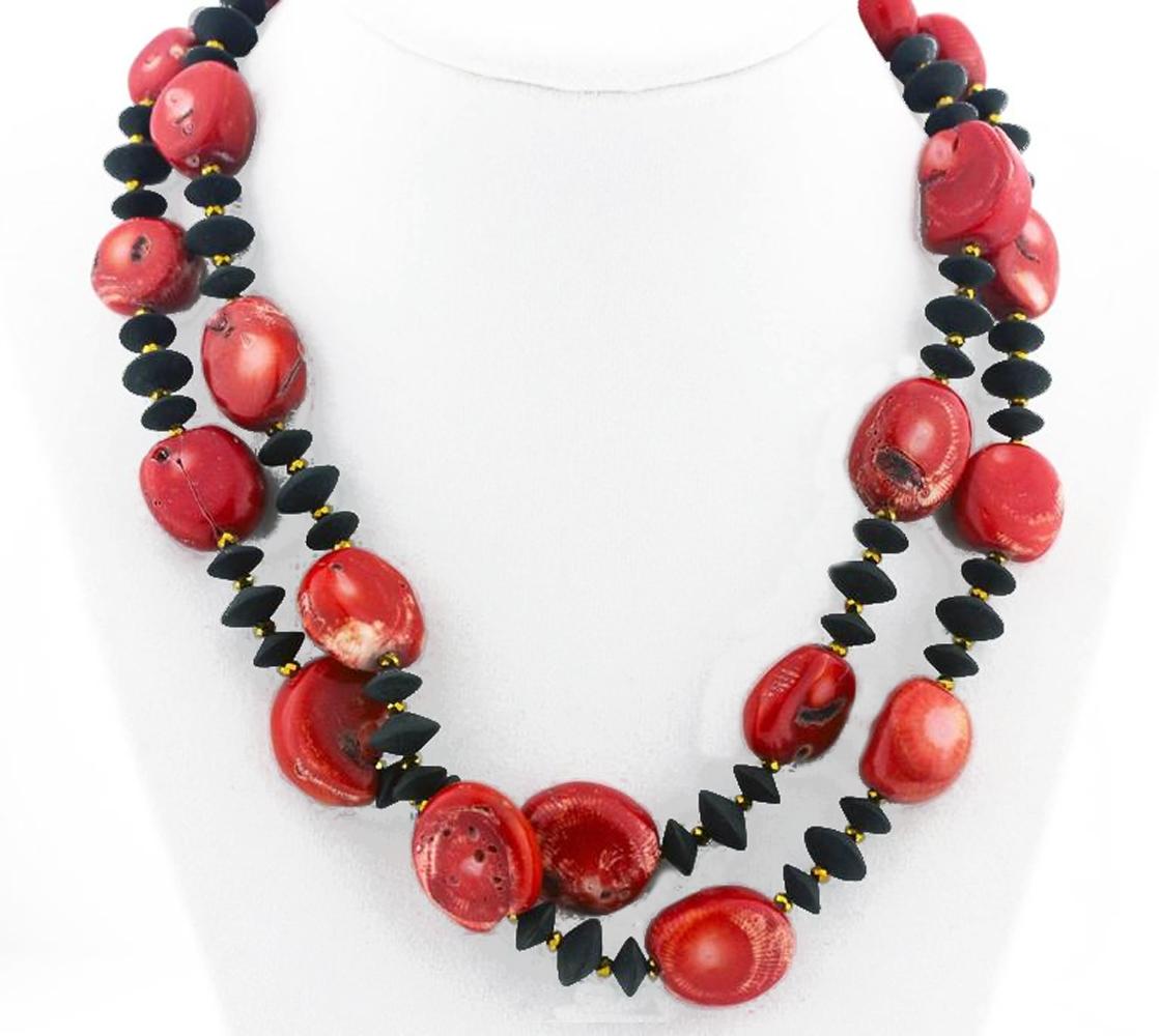 Mixed Cut AJD Super Chic Double Strand of Red Bamboo Coral & Black Onyx Necklace For Sale