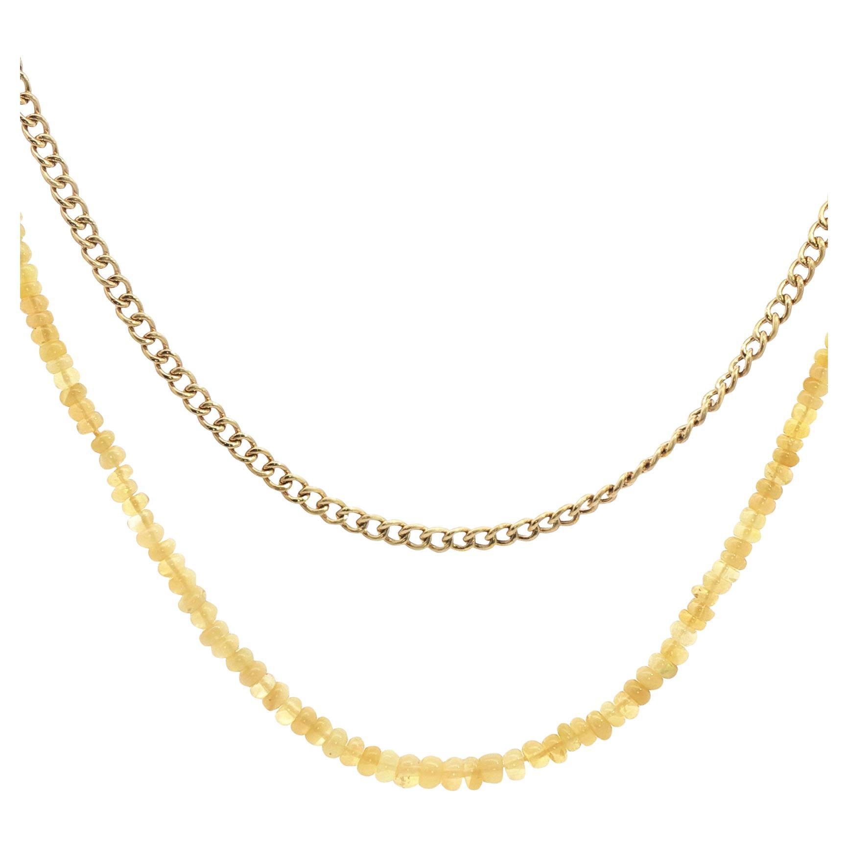 Taglio rotondo Collana a doppio filo con perline di opale e catena a cordoncino in oro giallo 14k in vendita