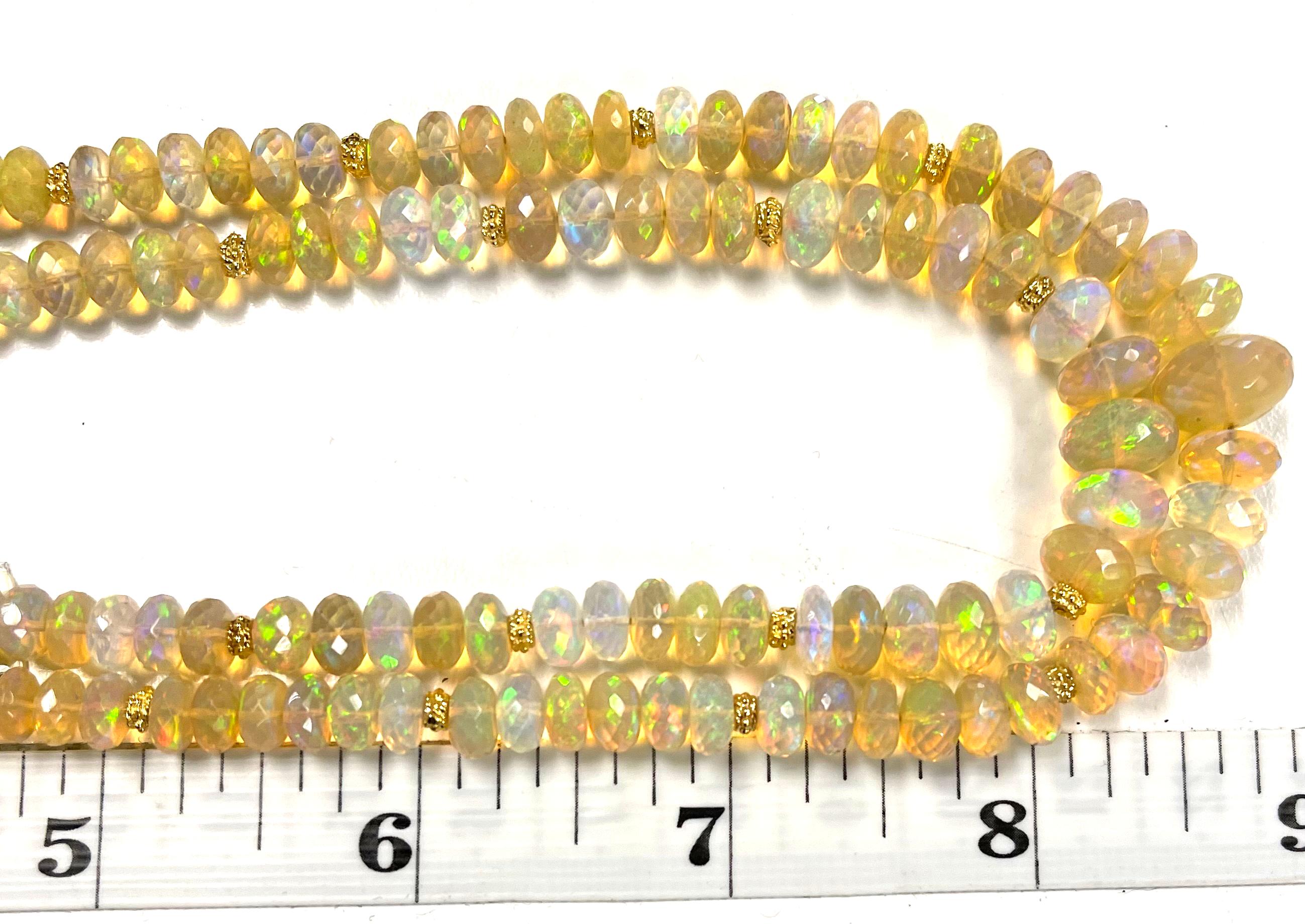 Women's or Men's Double Strand Opal Bead Necklace, 170.45 Carats Total with Yellow Gold Accents For Sale