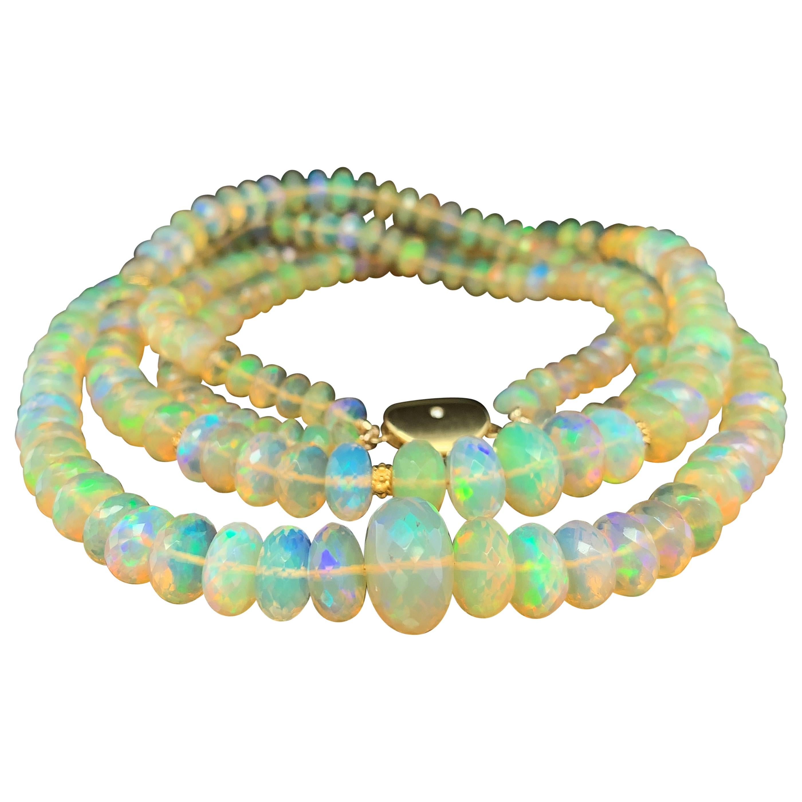 Double Strand Opal Bead Necklace, 170.45 Carats Total with Yellow Gold Accents In New Condition For Sale In Los Angeles, CA