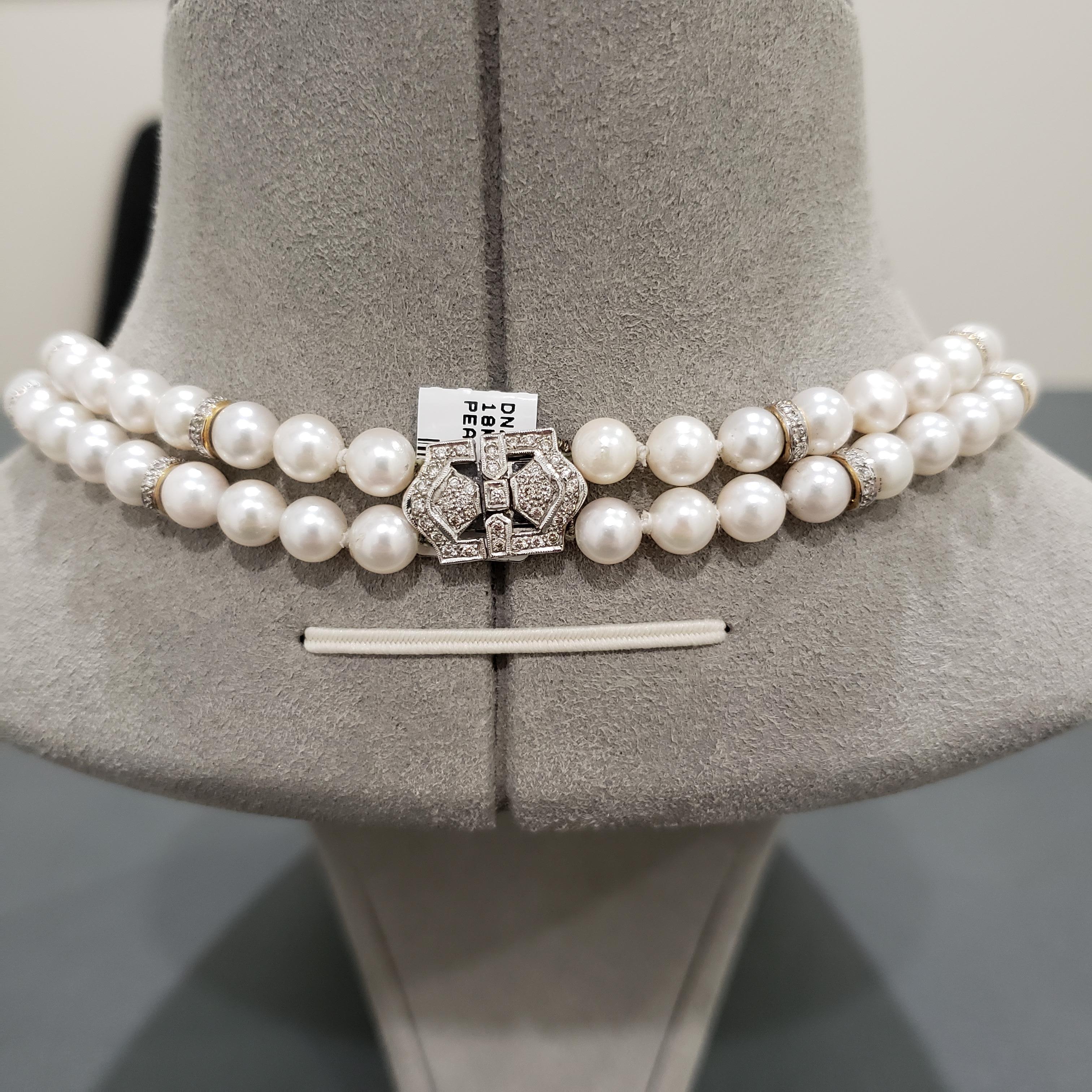Round Cut Roman Malakov Double-Strand Pearl and Diamond Necklace For Sale