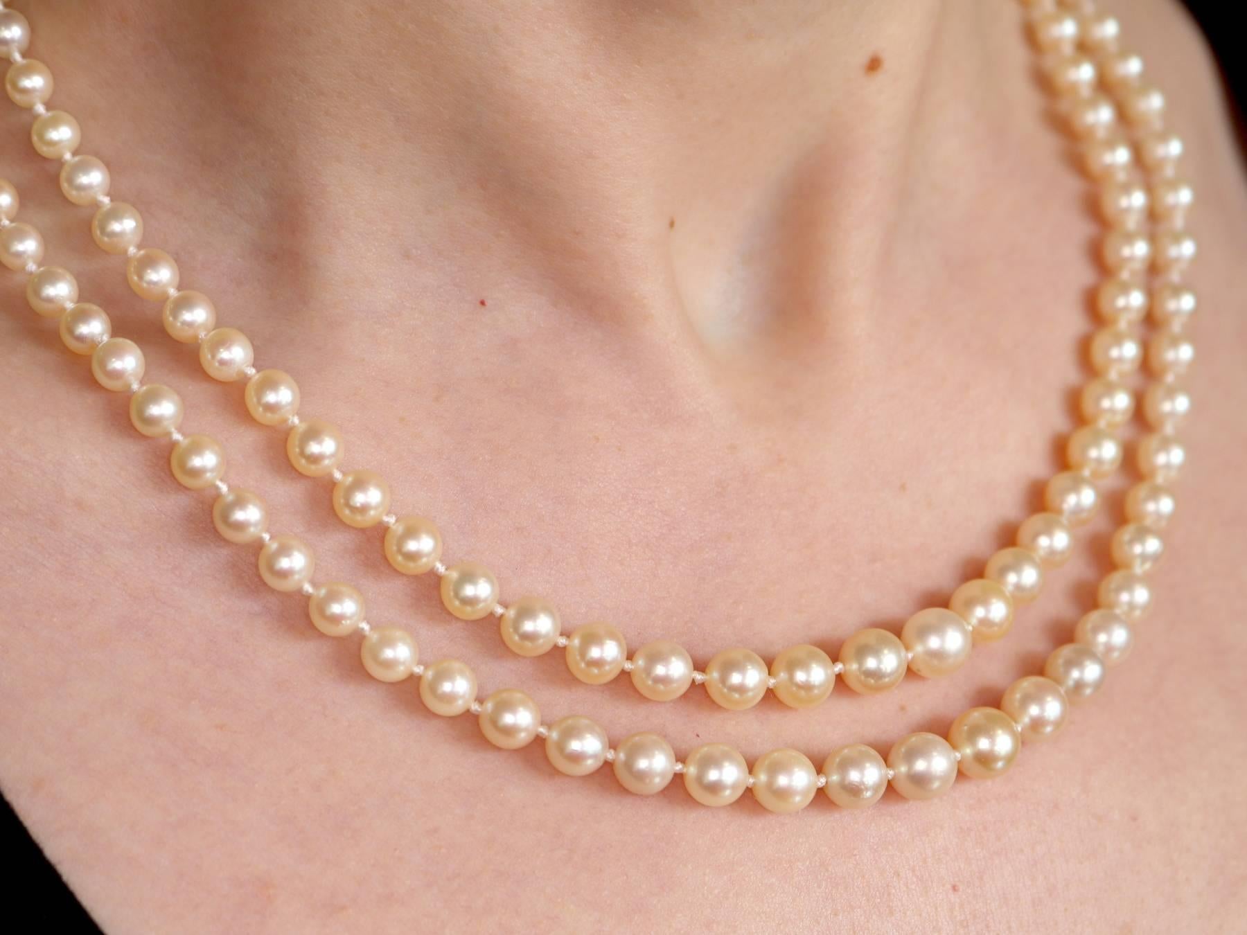 Double Strand Pearl and Diamond Yellow Gold Necklace For Sale 1