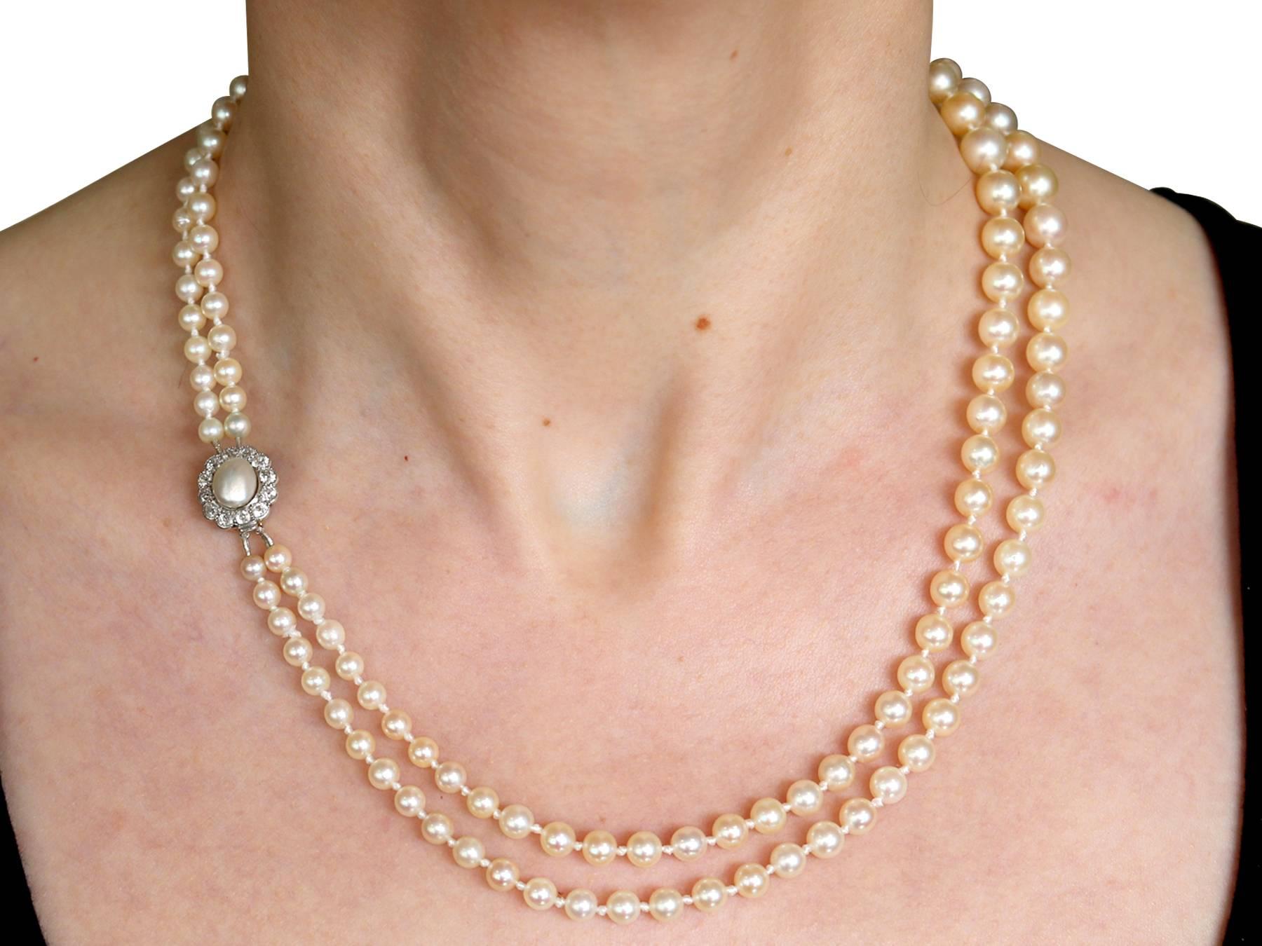 Double Strand Pearl and Diamond Yellow Gold Necklace For Sale 2
