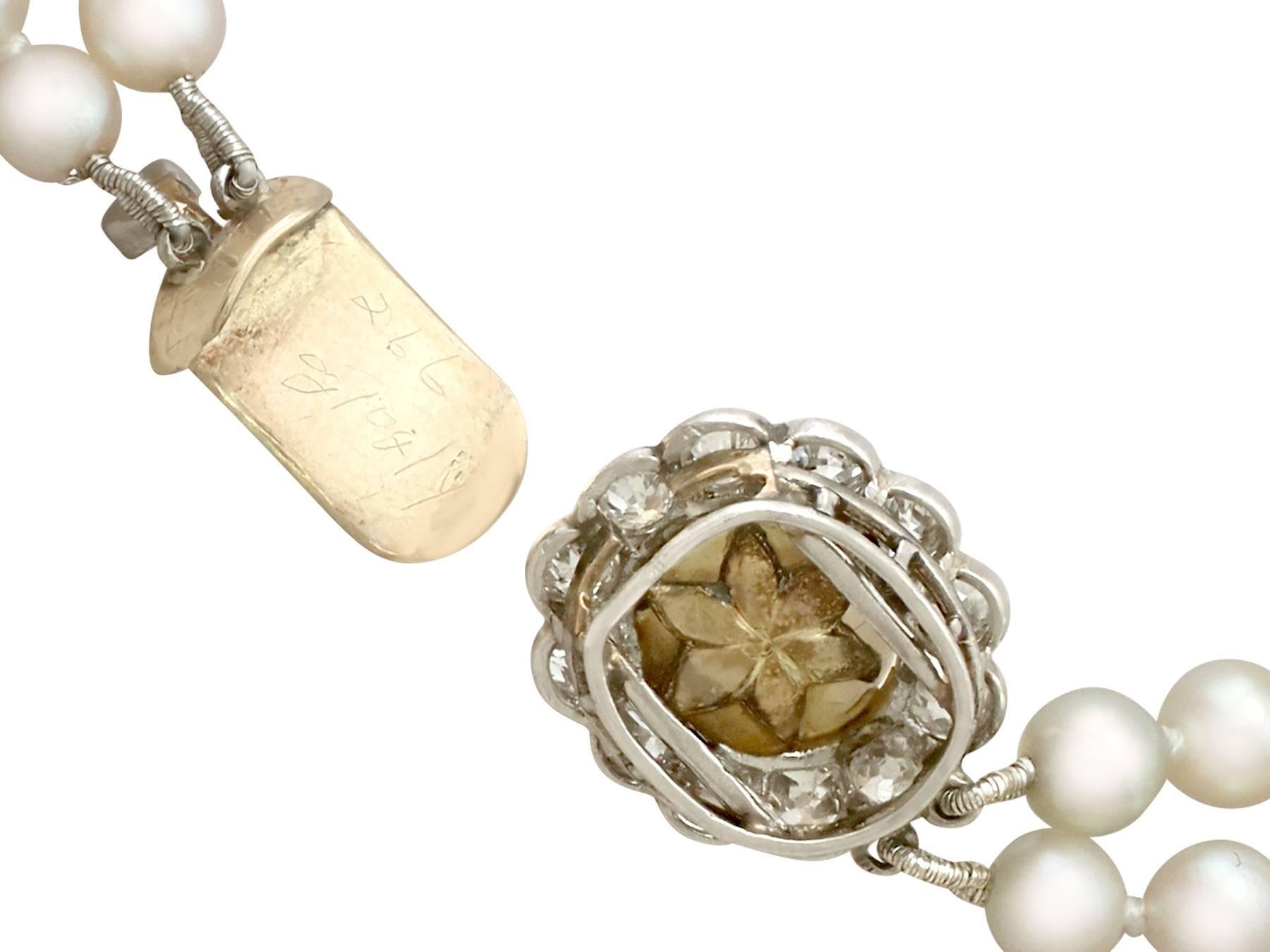 Women's Double Strand Pearl and Diamond Yellow Gold Necklace For Sale