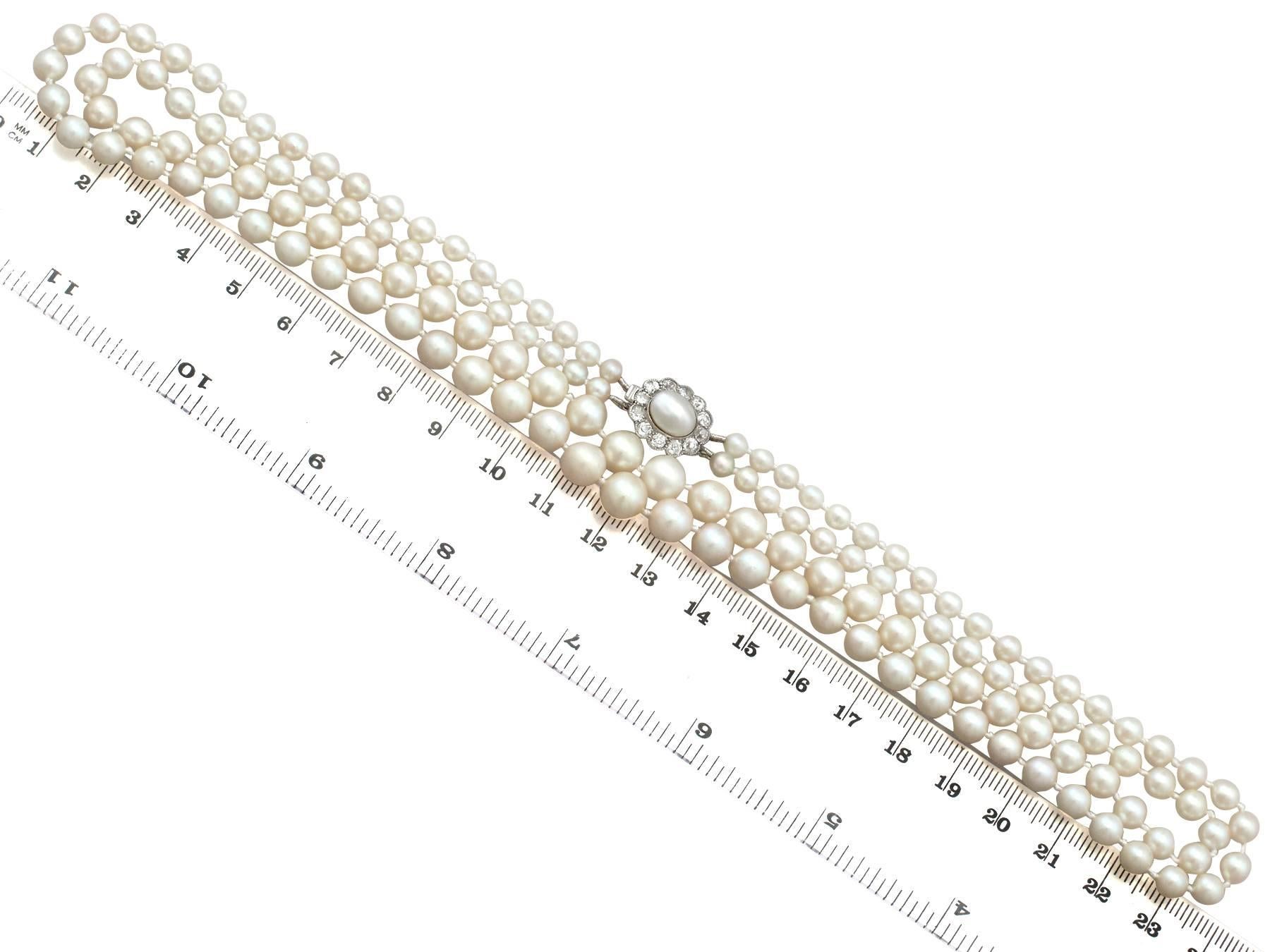 Double Strand Pearl and Diamond Yellow Gold Necklace For Sale 1
