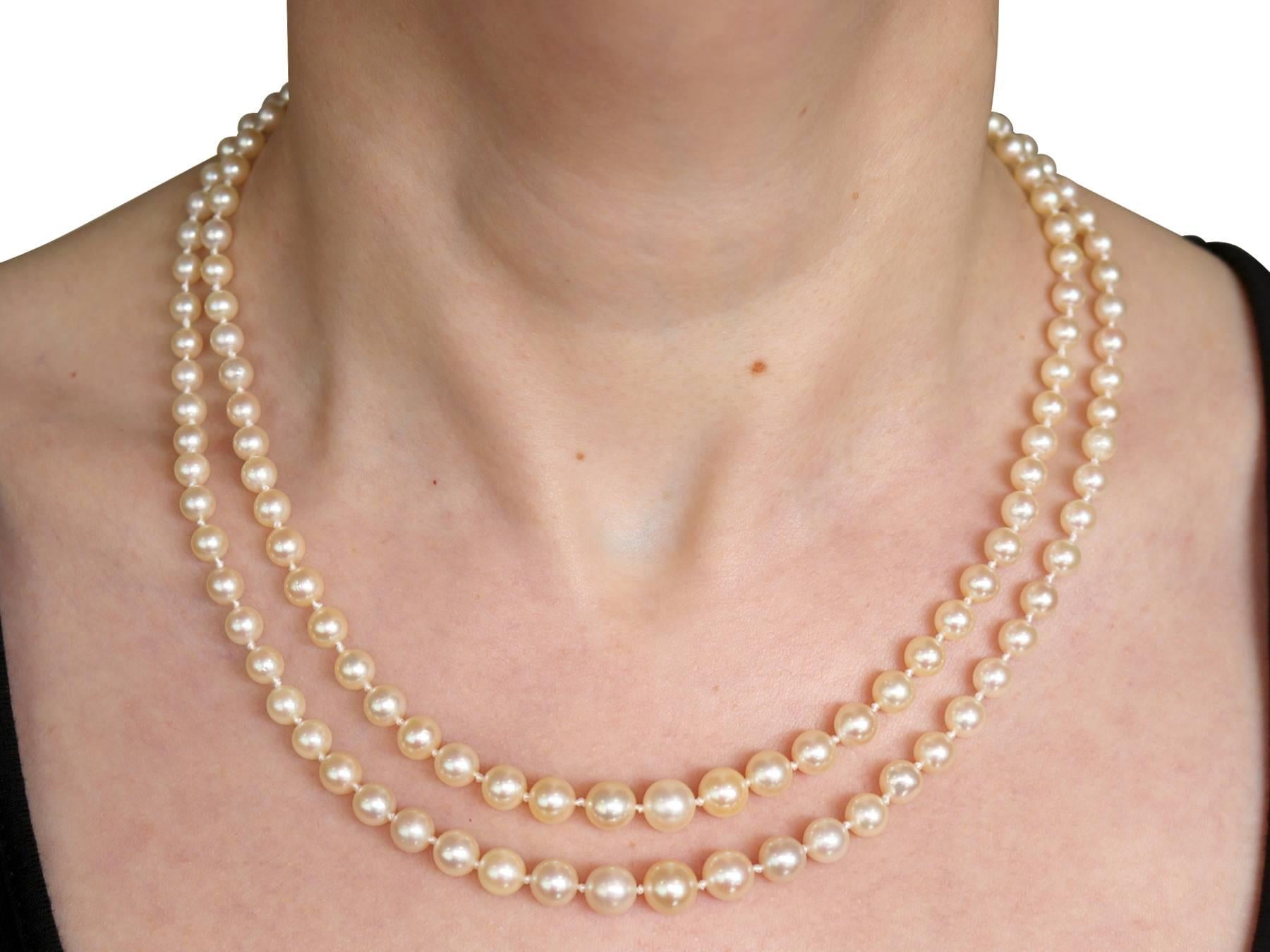 Double Strand Pearl and Diamond Yellow Gold Necklace For Sale 2