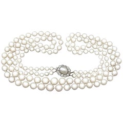 Double Strand Pearl and Diamond Yellow Gold Necklace