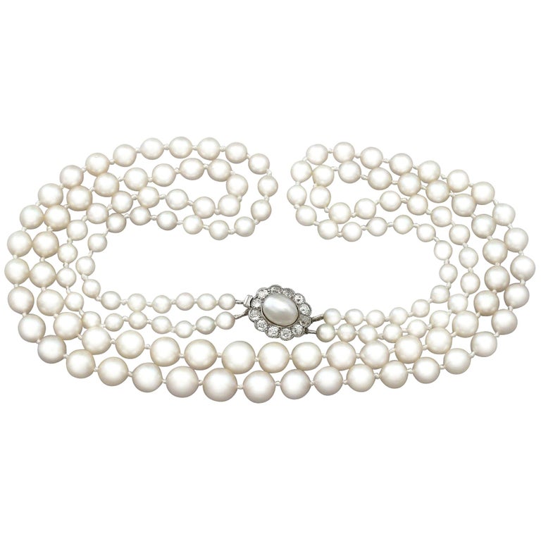 Collier à double rang de perles et de diamants en or jaune En vente sur ...