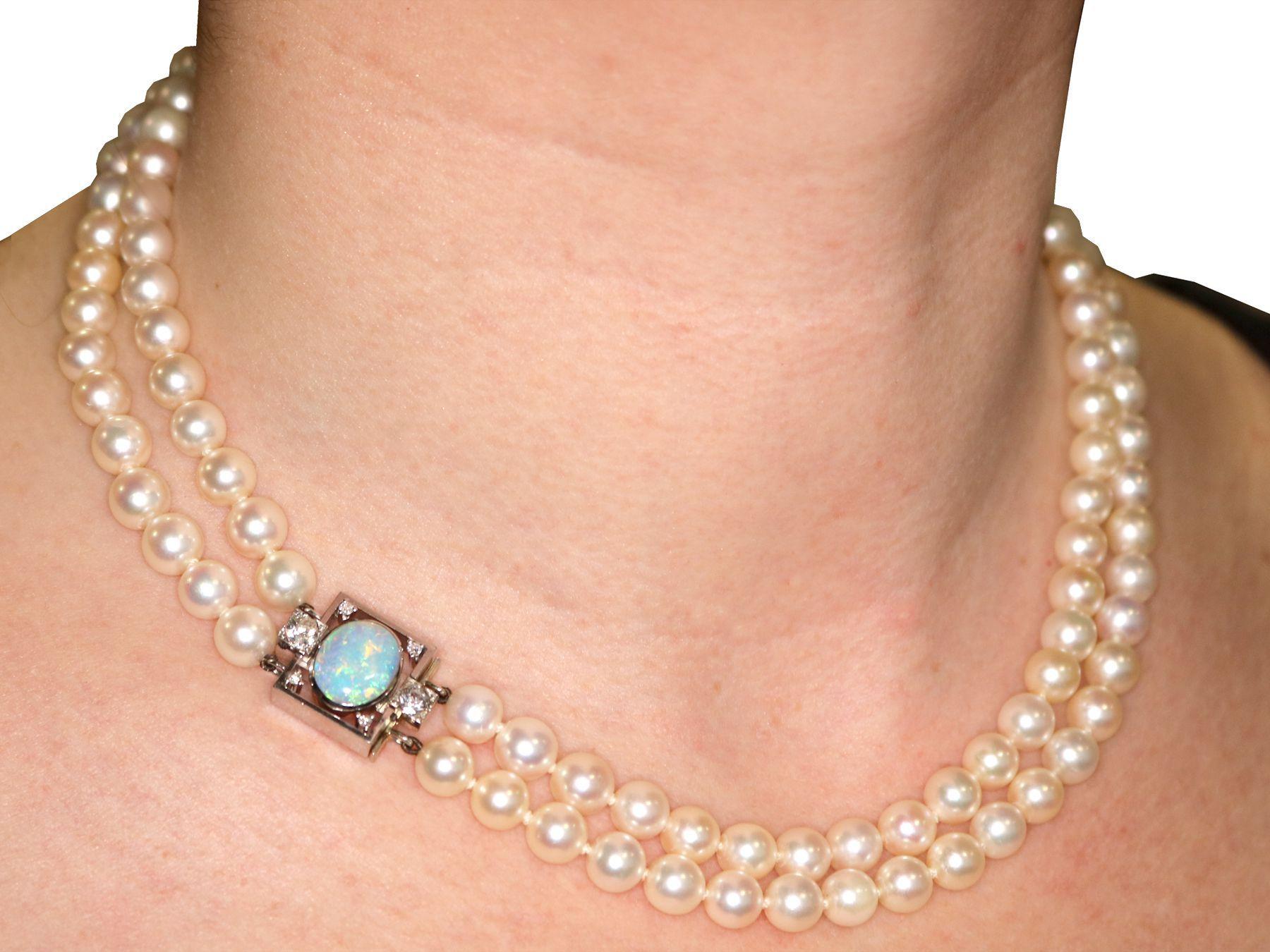 Double Strand Pearl and Opal and Diamond, White Gold Necklace 2