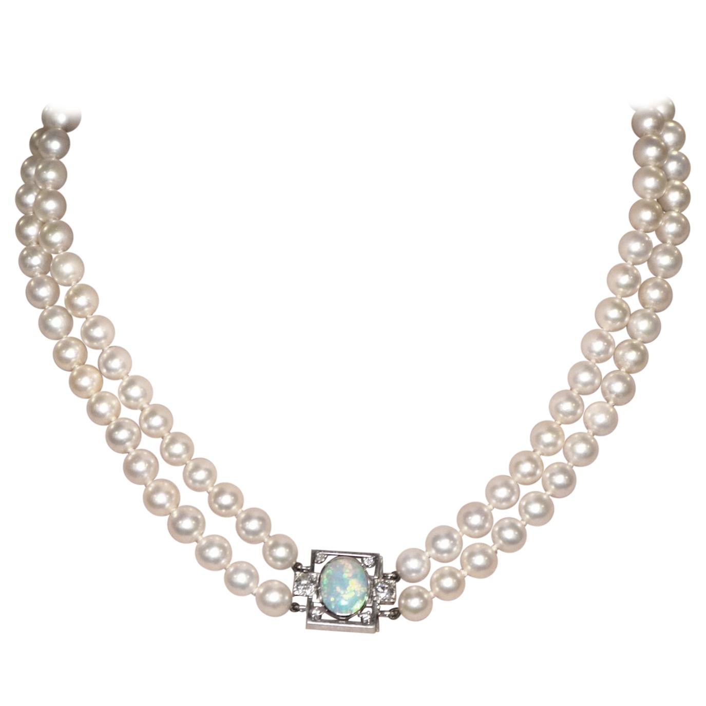 Double Strand Pearl and Opal and Diamond, White Gold Necklace