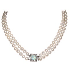 Double Strand Pearl and Opal and Diamond, White Gold Necklace