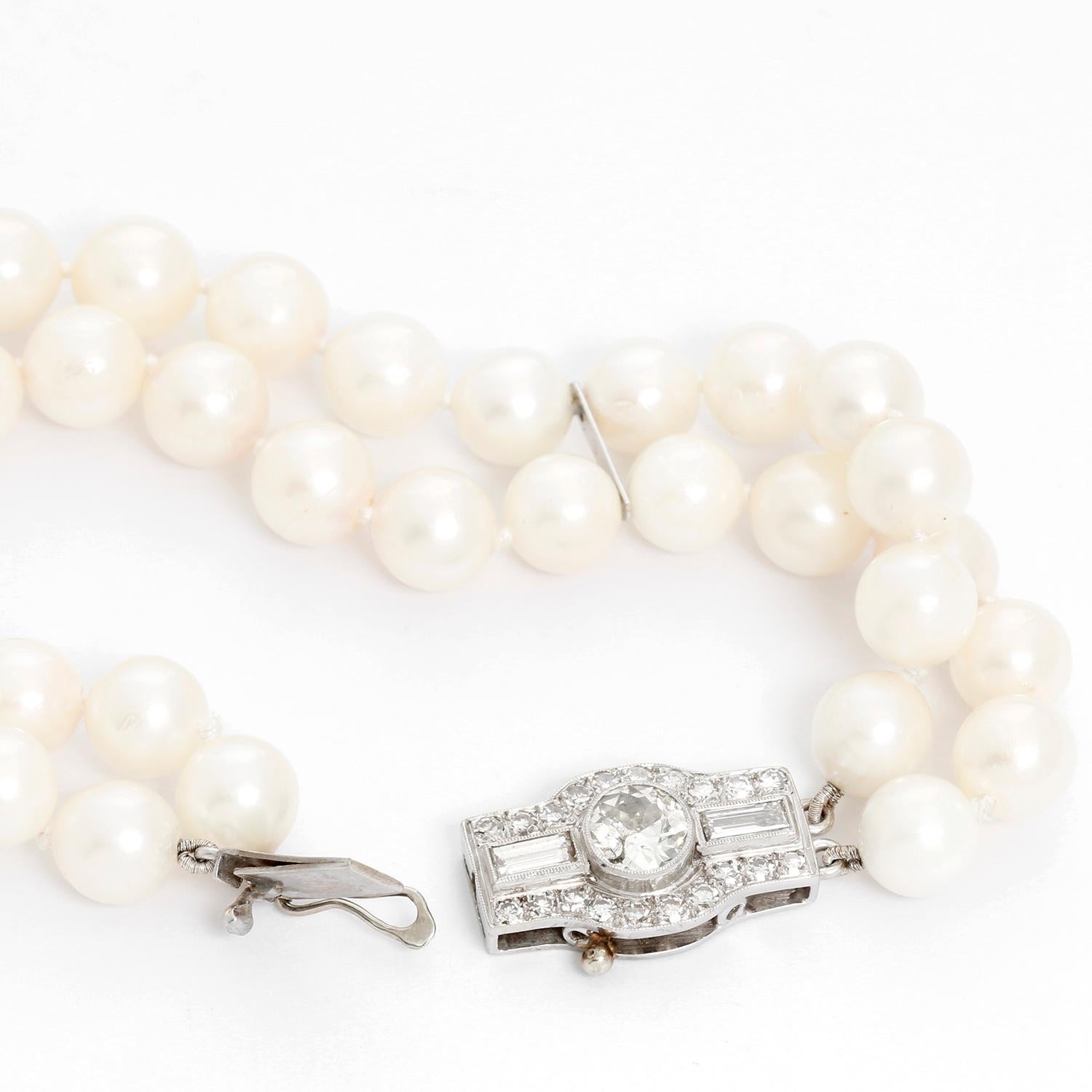 Art Deco Double Strand Pearl Bracelet with Diamonds