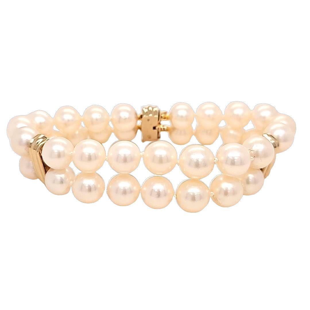 Bead Double Strand Pearl Bracelet with Yellow Gold Bars For Sale