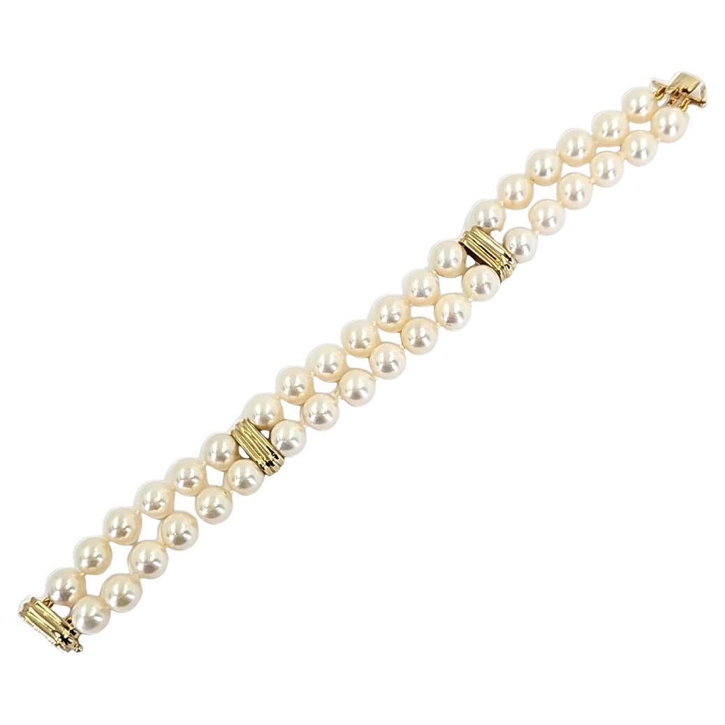 Double Strand Pearl Bracelet with Yellow Gold Bars For Sale