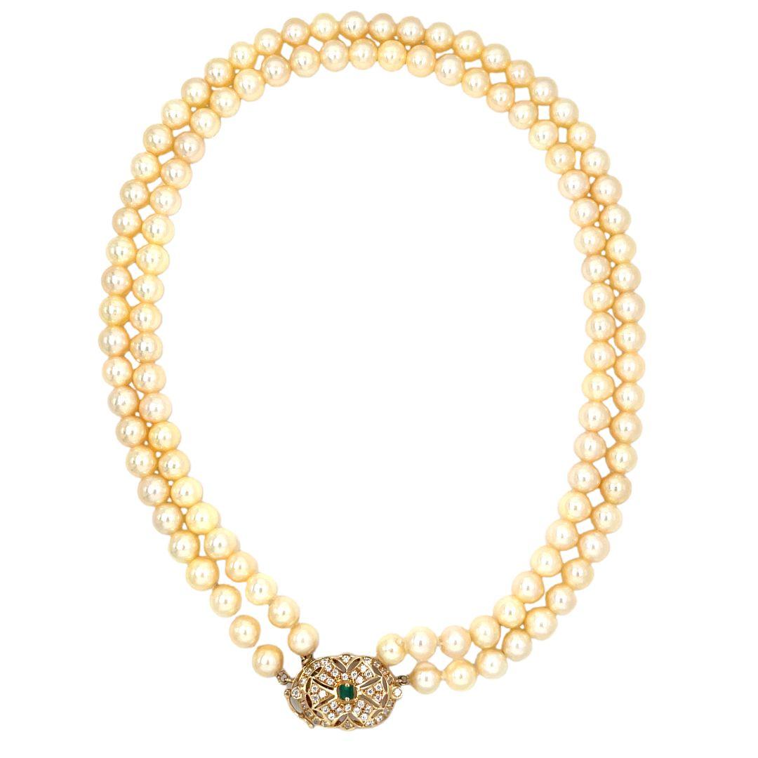 Double Strand Pearl Diamond and Emerald Necklace In Excellent Condition For Sale In beverly hills, CA