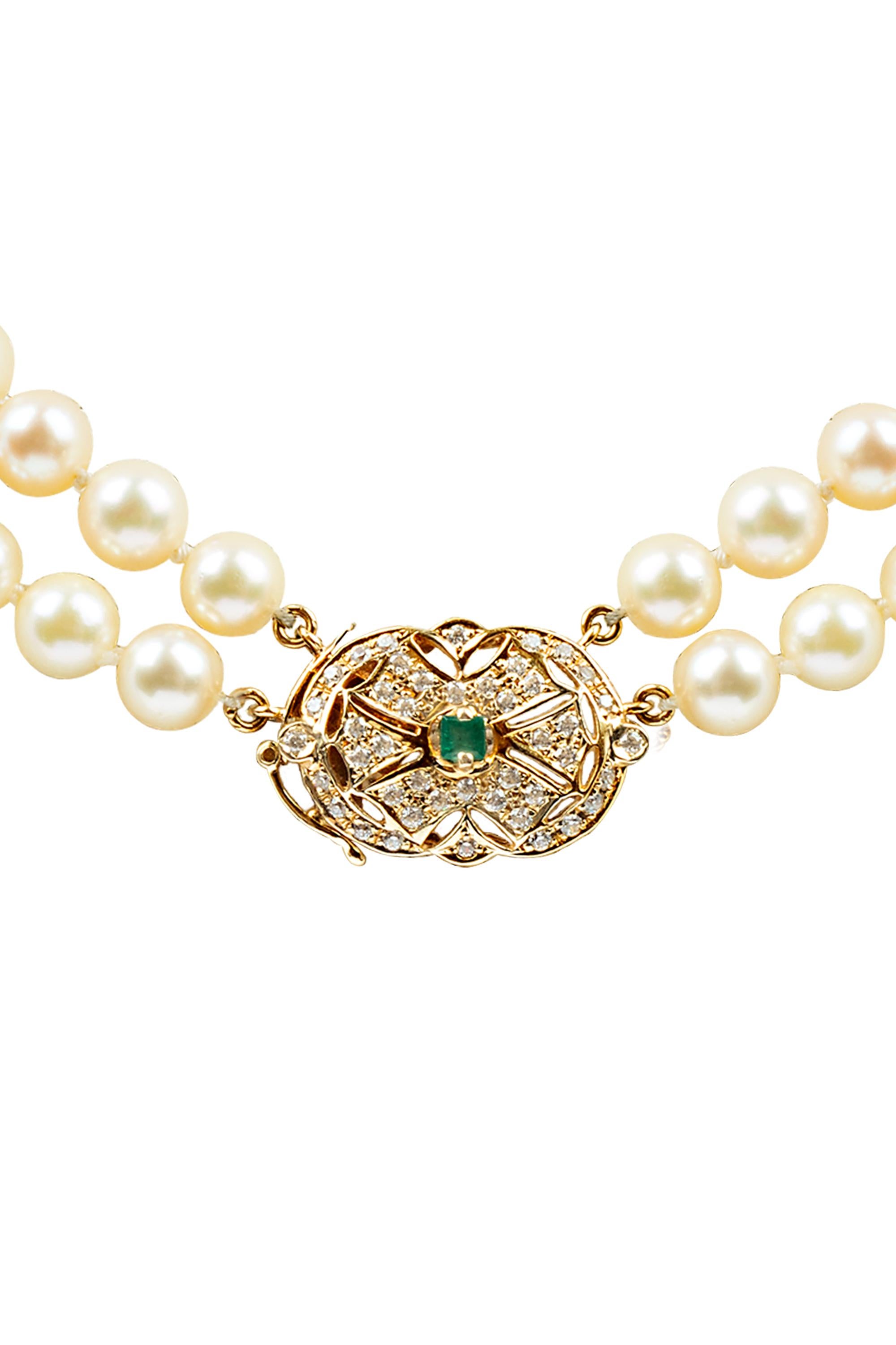Doppelreihige Perlen-Diamant- und Smaragd-Halskette im Zustand „Hervorragend“ im Angebot in beverly hills, CA