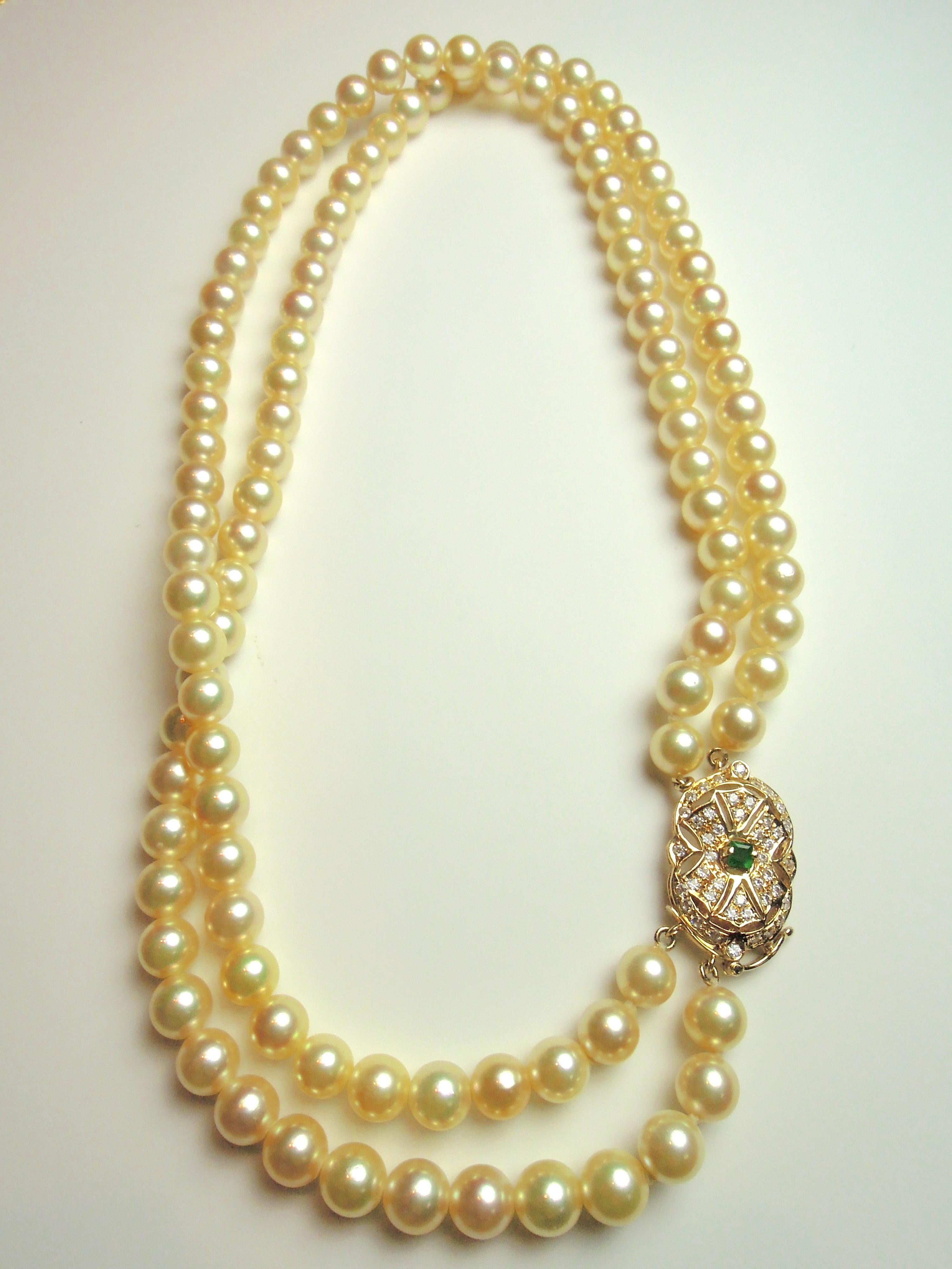 Emerald Cut Double Strand Pearl Diamond and Emerald Necklace For Sale