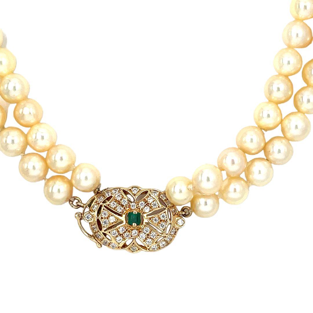 Women's Double Strand Pearl Diamond and Emerald Necklace For Sale