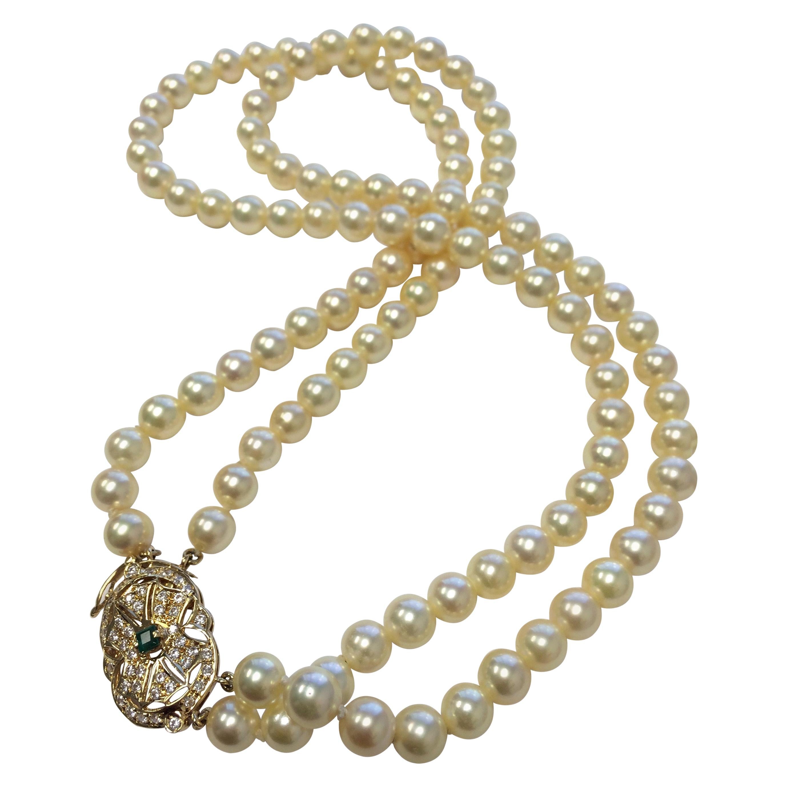 Double Strand Pearl Diamond and Emerald Necklace