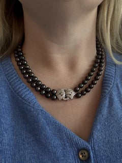 Double Strand Pearl Necklace 14KW Gold Diamond Clasp