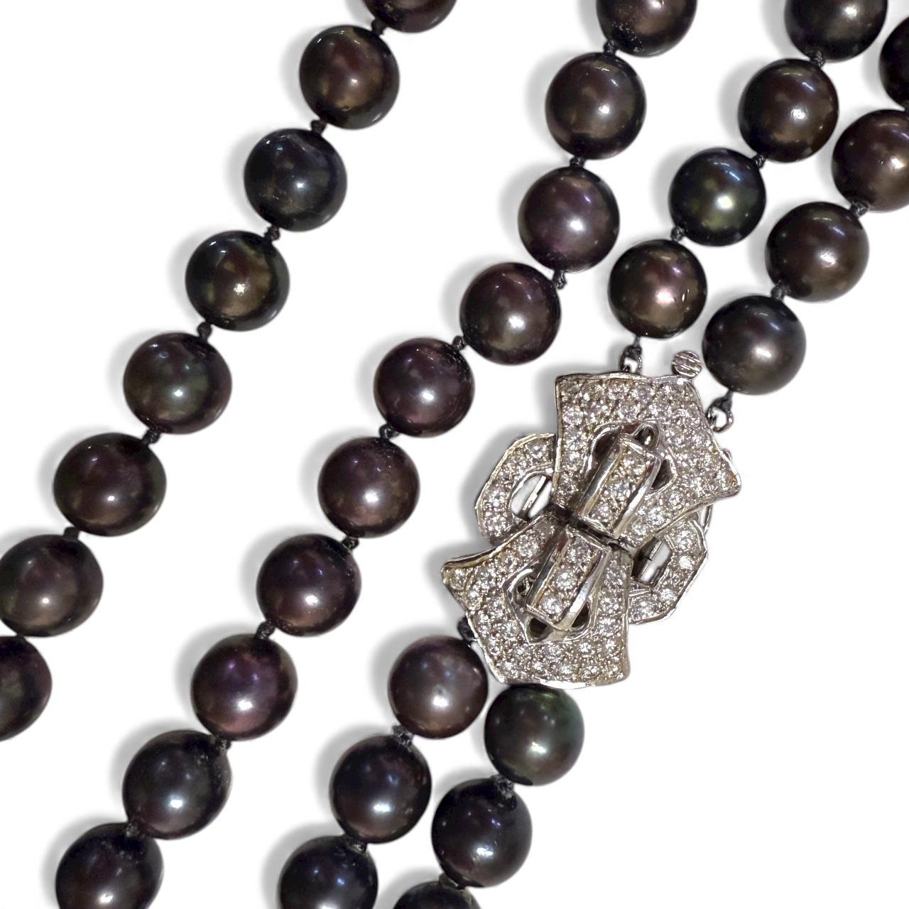 Collana di perle a doppio filo con chiusura a diamante in oro 14KW in vendita 1