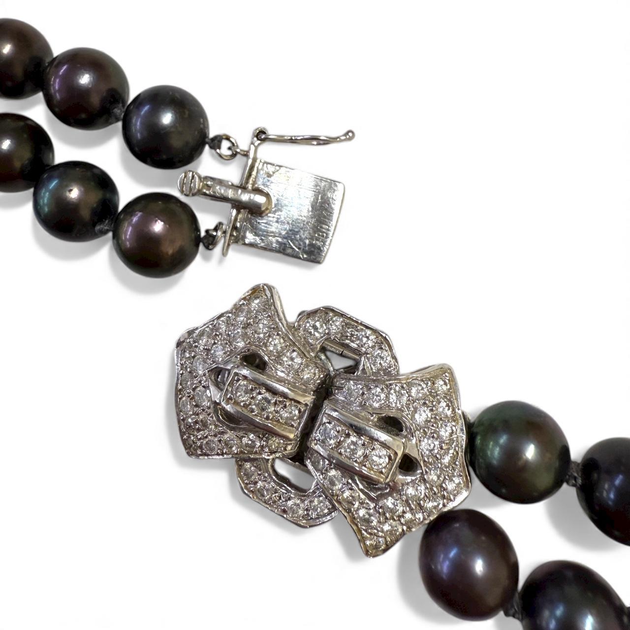 Collana di perle a doppio filo con chiusura a diamante in oro 14KW in vendita 2