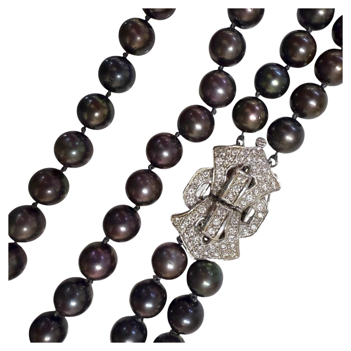 Double Strand Pearl Necklace 14KW Gold Diamond Clasp