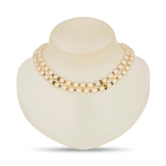 Double Strand Pearl Necklace w/ 18KYG Diamond/Ruby/Emerald/Sapphire Floral Clasp