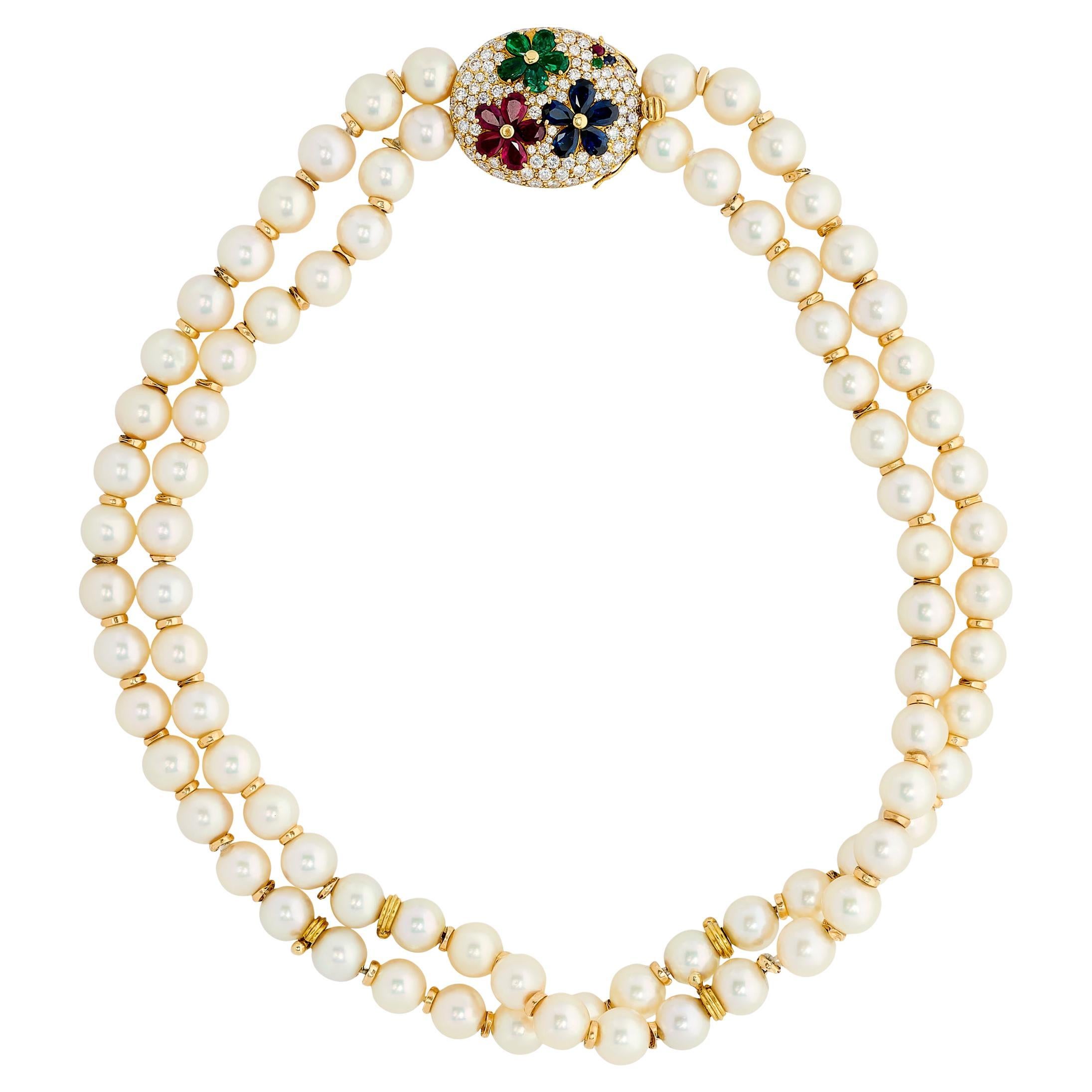 Collana di perle a doppio filo con chiusura floreale in diamante/rubino/smeraldo/zaffiro 18KYG in vendita
