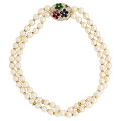 Double Strand Pearl Necklace w/ 18KYG Diamond/Ruby/Emerald/Sapphire Floral Clasp