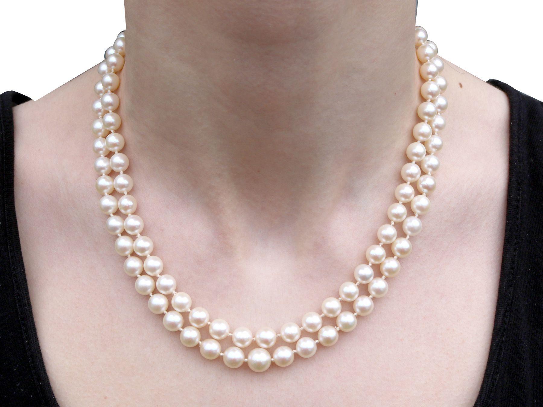 Double Strand Pearl Necklace with 14k White Gold and Diamond Clasp 2