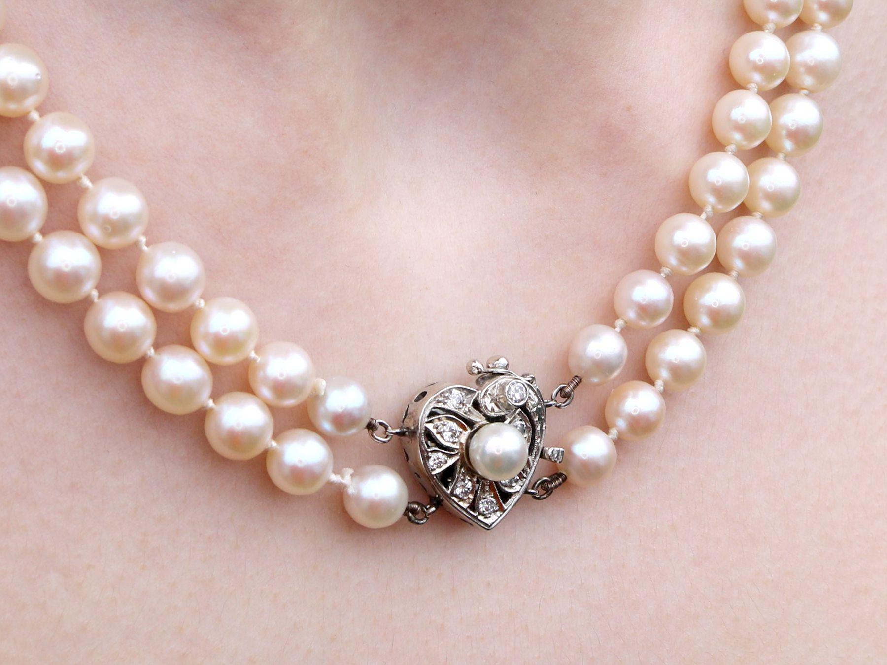 Double Strand Pearl Necklace with 14k White Gold and Diamond Clasp 3