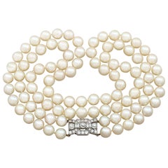 Double Strand Pearl Necklace with 1.78 Carat Diamond Set Clasp