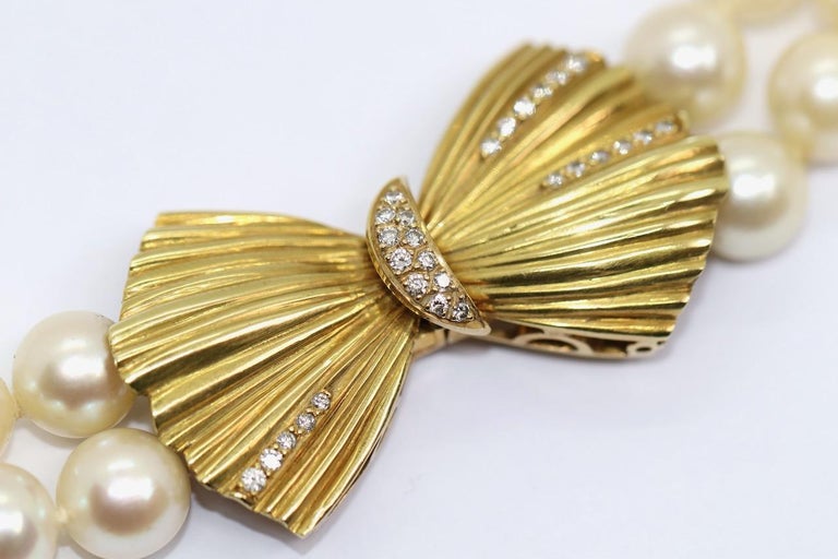 Double Strand Pearl Necklace with 18 Karat Gold Clasp and Diamonds at ...