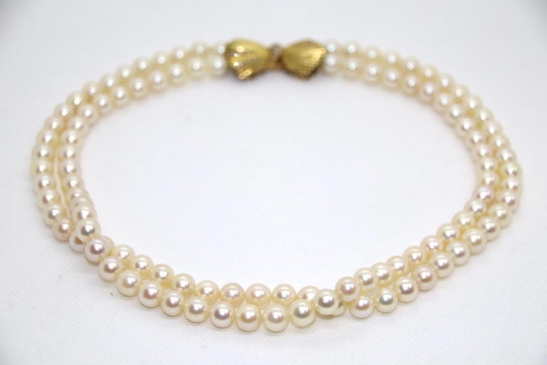 Double Strand Pearl Necklace with 18 Karat Gold Clasp and Diamonds For ...