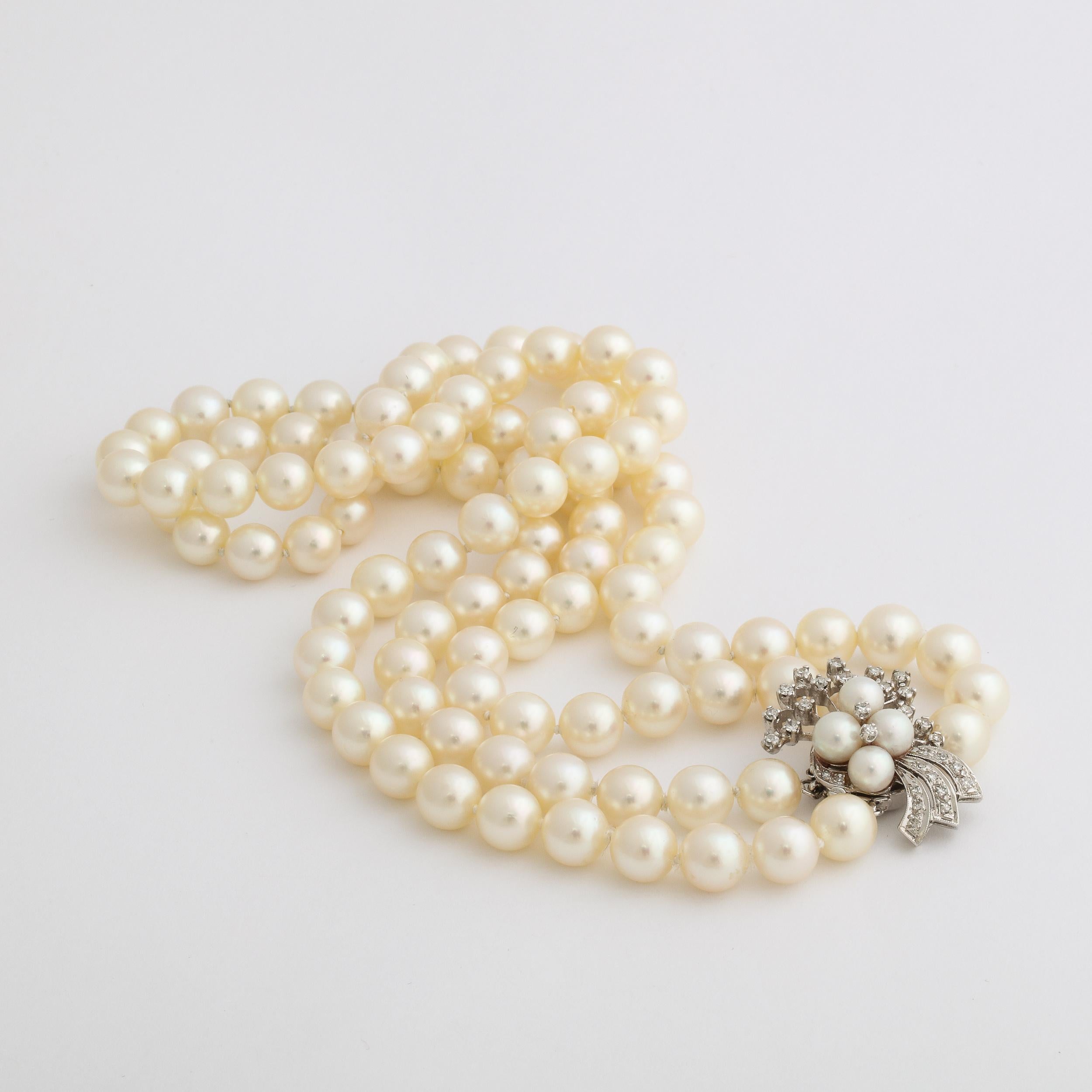 Double Strand Pearl Necklace with A White Gold , Diamond & Pearl Clasp For Sale 4
