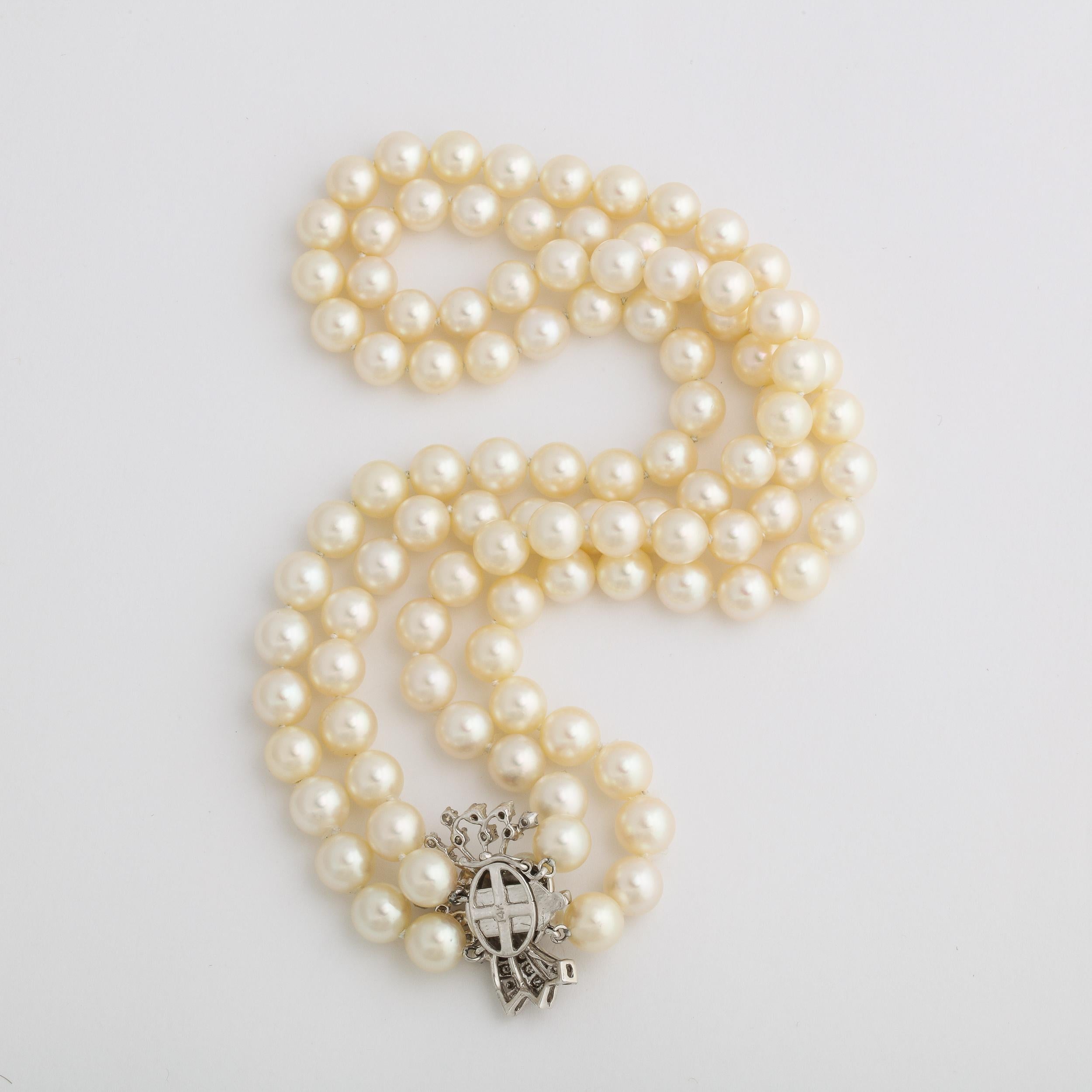 Double Strand Pearl Necklace with A White Gold , Diamond & Pearl Clasp For Sale 5