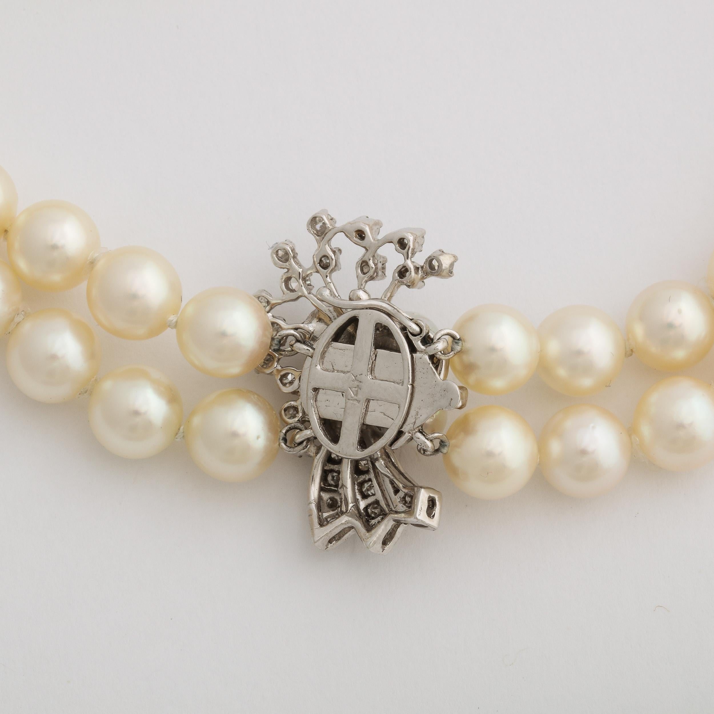 Double Strand Pearl Necklace with A White Gold , Diamond & Pearl Clasp For Sale 6