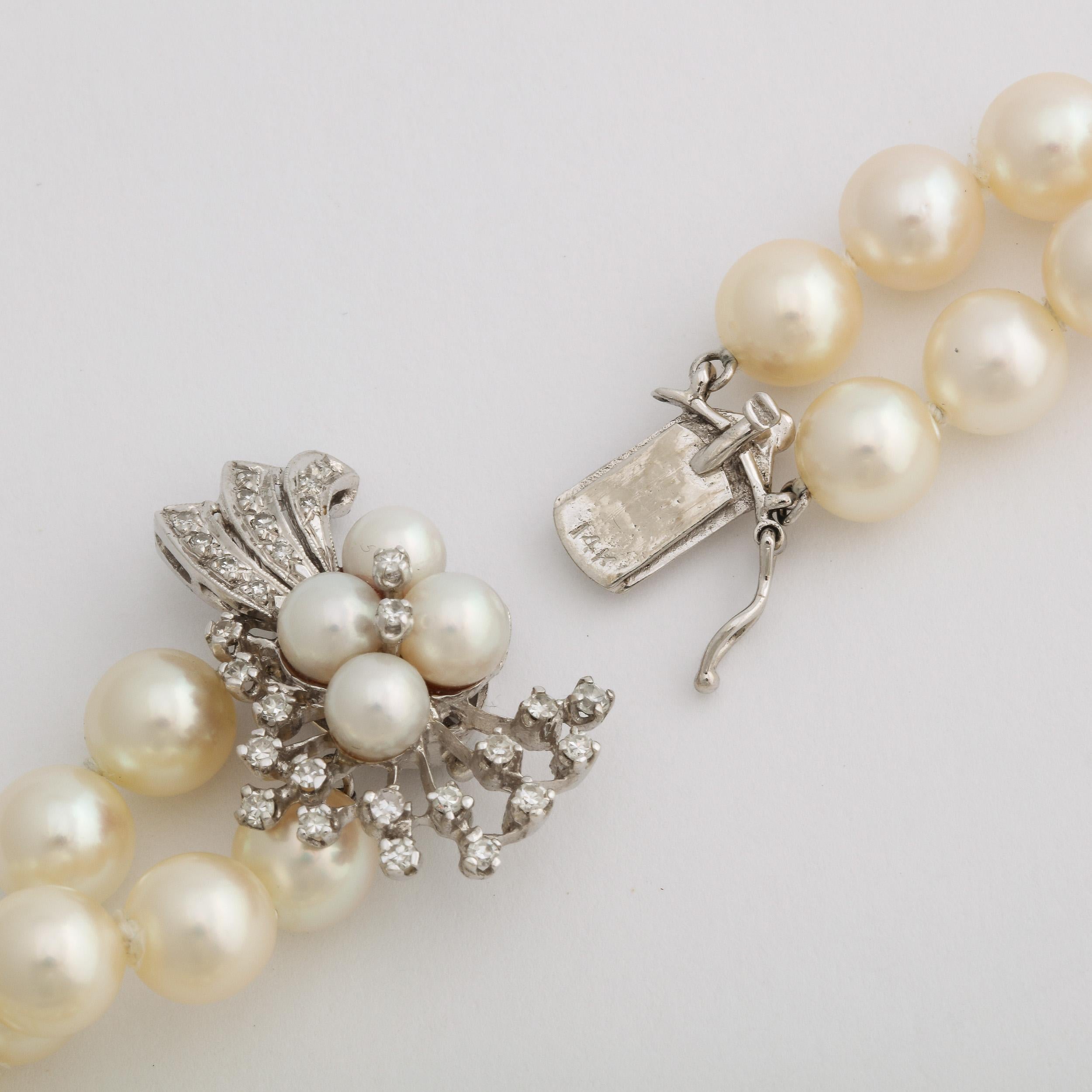 Double Strand Pearl Necklace with A White Gold , Diamond & Pearl Clasp For Sale 7