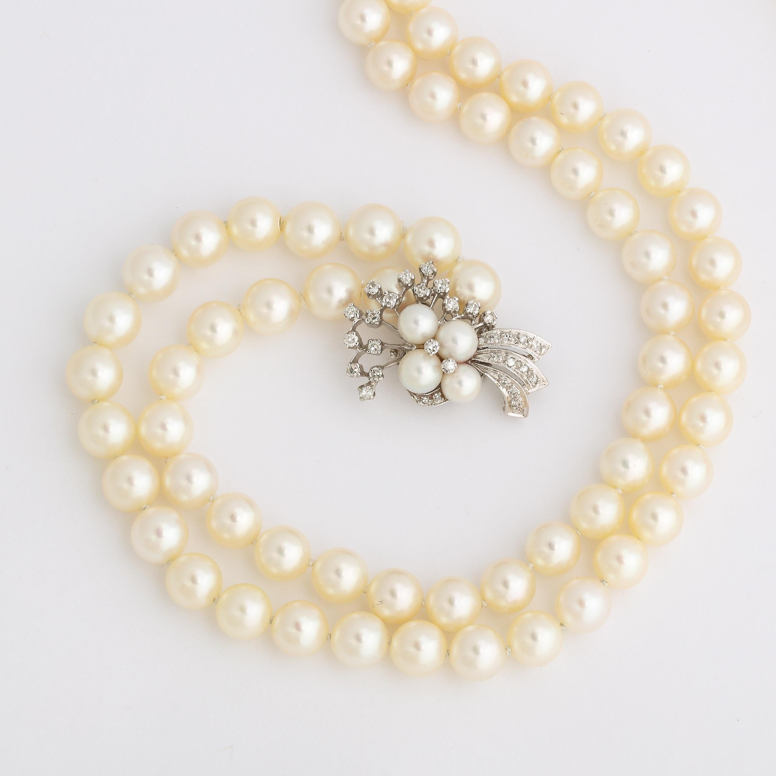 Double Strand Pearl Necklace with A White Gold , Diamond & Pearl Clasp For Sale 8